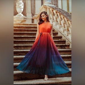 Fire and Ice Pleated Belted Dress Maxi Orange Teal Ombre - Gorgeous!